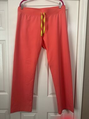 Coral Drawstring Wide Leg Scrub Pants with Neon Yellow Tie